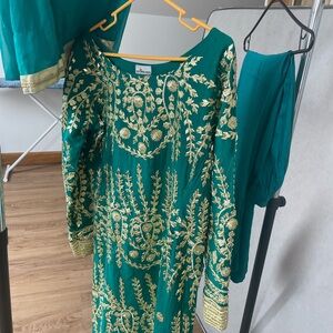 Elegant Green and Gold Embroidered Dress